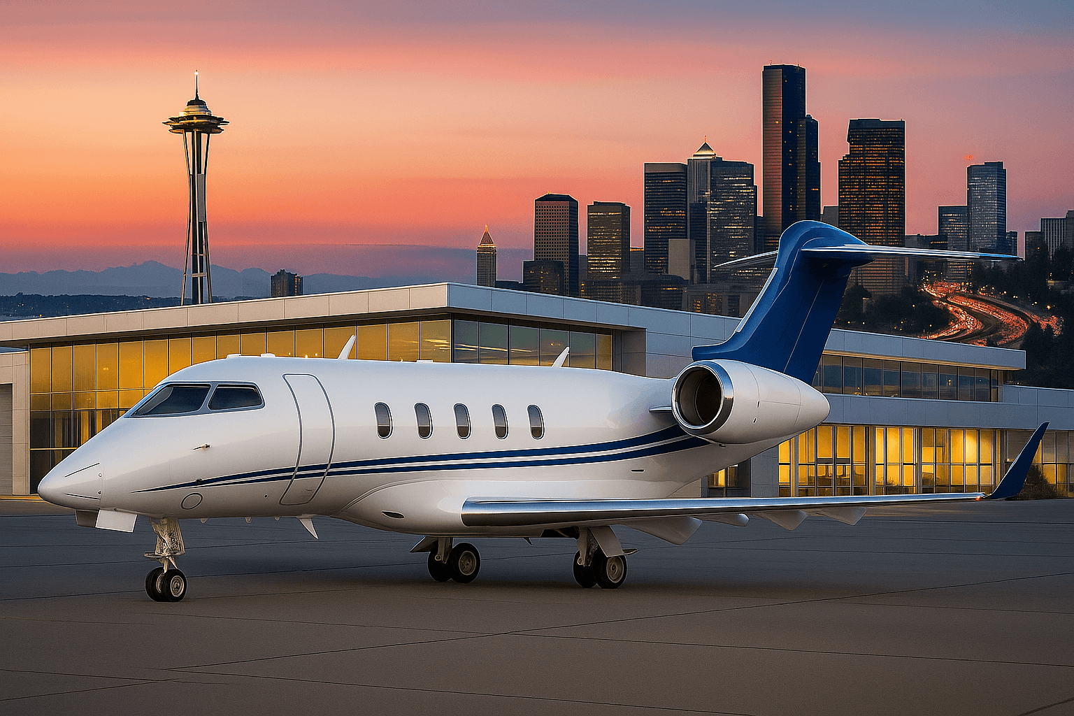 private jet charter Seattle luxury jet on tarmac at Boeing Field BFI for executive jet travel with Seattle skyline background